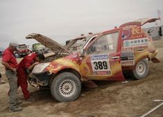 Mechanics of Chinese Great Wall Team check the car at the Dakar Rally camp at La Portada, near to Antofagasta, Chile on Jan. 9, 2010. Racers of Dakar Rally Argentina-Chile 2010 had a rest day. (Xinhua/Victor Rojas) 