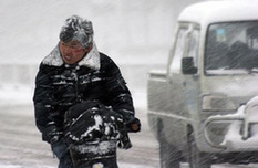 A citizen rides bicycle against wind and snow on a street in Weihai, east China&apos;s Shandong Province, Jan. 13, 2010. A new round of snowfall and cold wave hit the city recently. [Xinhua] 