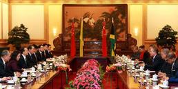 Chinese Premier Wen Jiabao (5th R, standing) and Jamaican Prime Minister Bruce Golding (5th L, Standing) attend the signing ceremony of a series of cooperative documents after their meeting at the Great Hall of the People in Beijing, capital of China, Feb. 3, 2010. [Pang Xinglei/Xinhua]